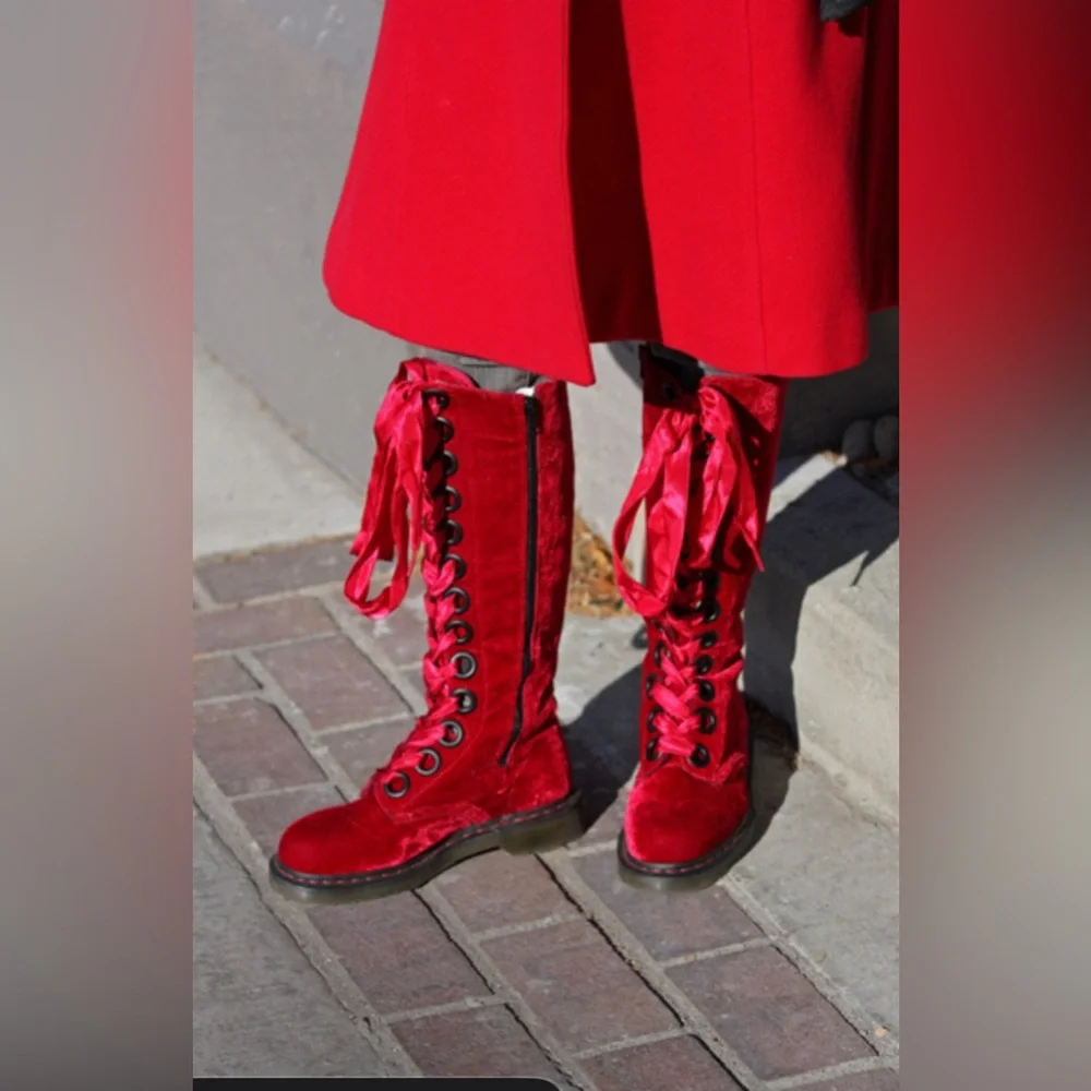 RARE Dr Martens red velvet  20 eye tall knee high zip Combat boots Men10 Women11 - Picture 3 of 16